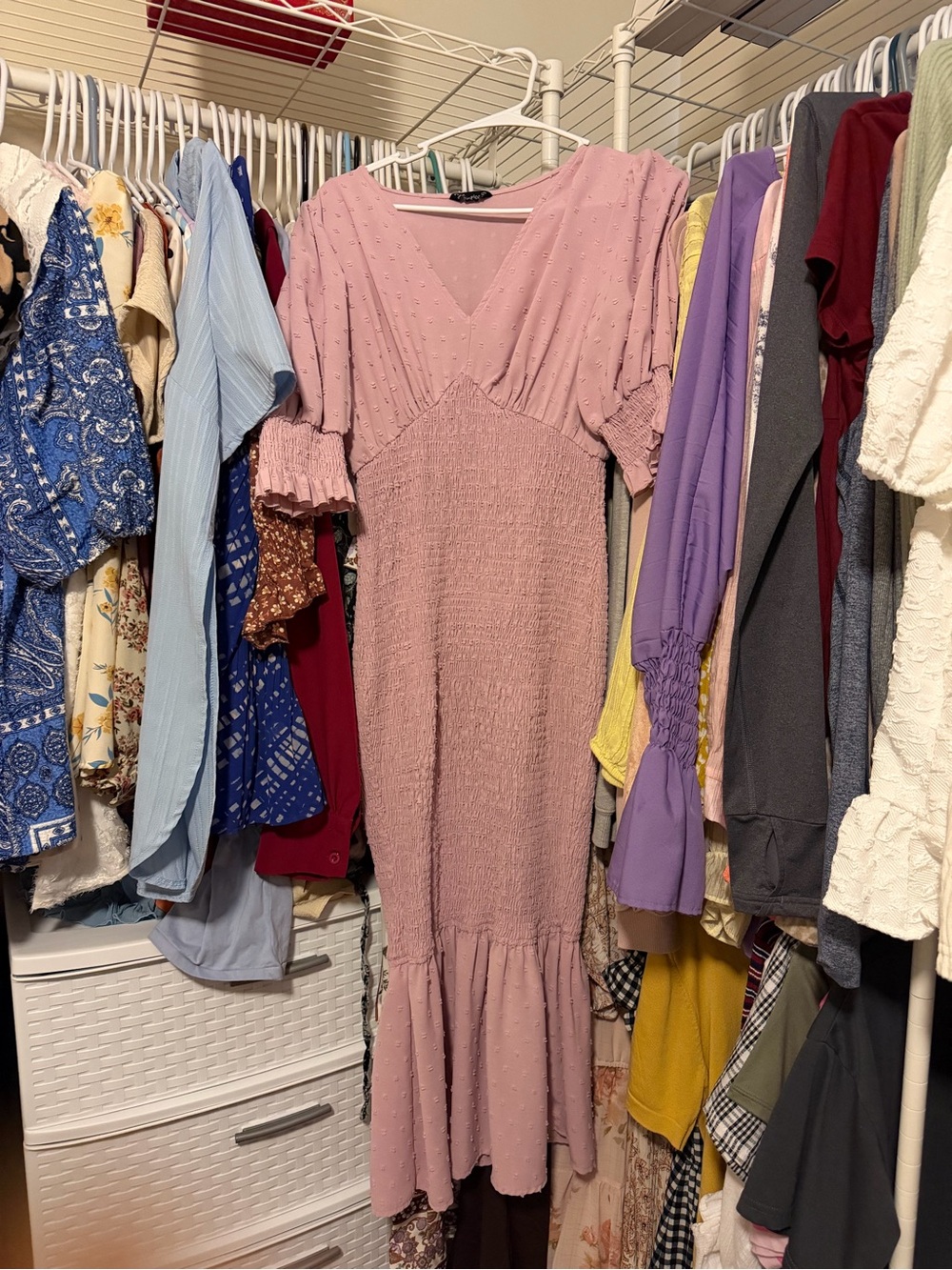 Blush Pink V-Neck Ruffle Hem Midi Dress